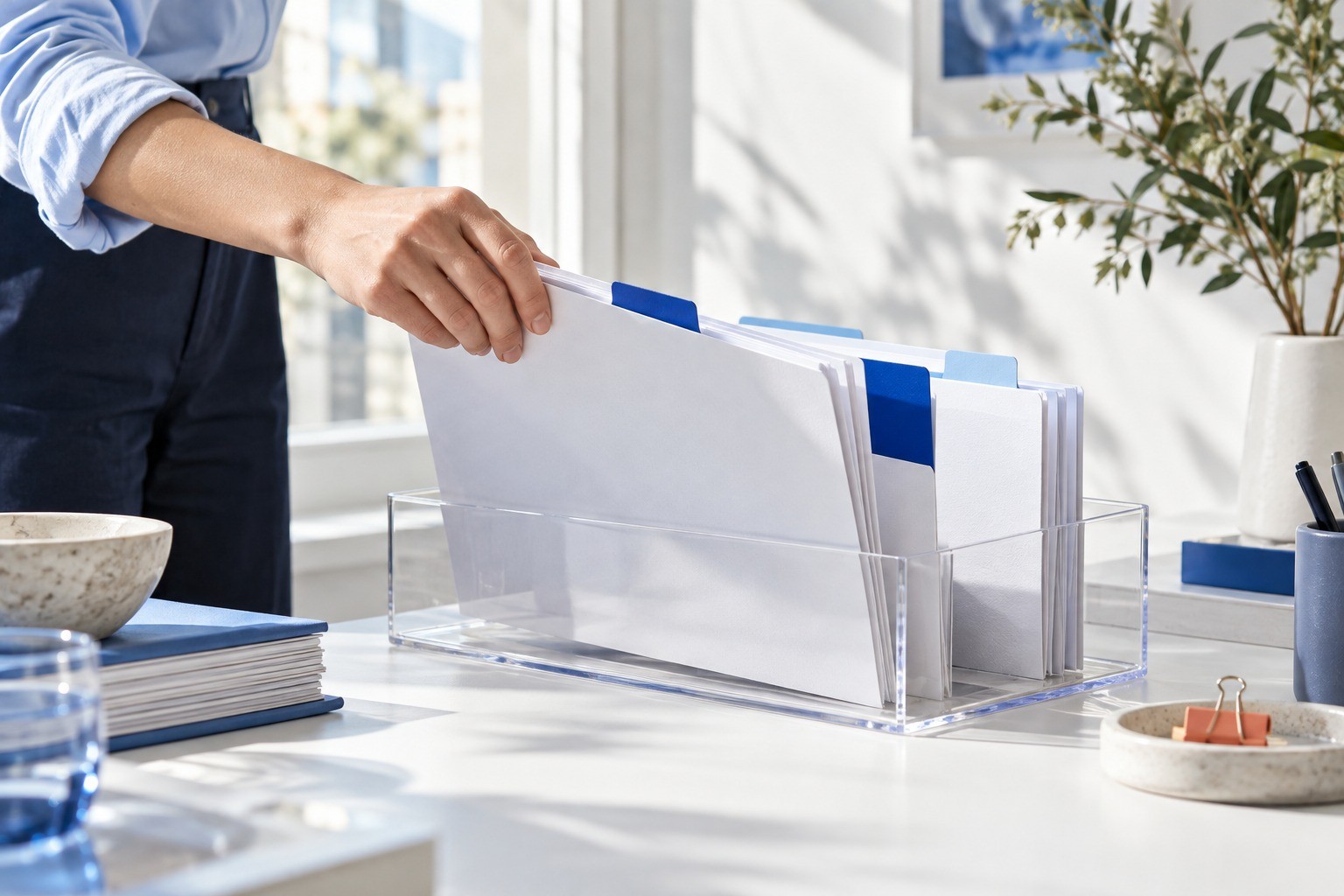 Indexed compliance folders and a clear document tray on a sunlit studio shelf.